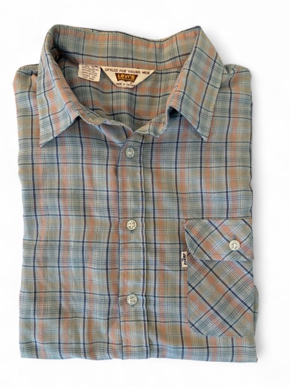 Vintage Levi’s Authentic 1970s Boys XL blue plaid short sleeve button-up shirt.